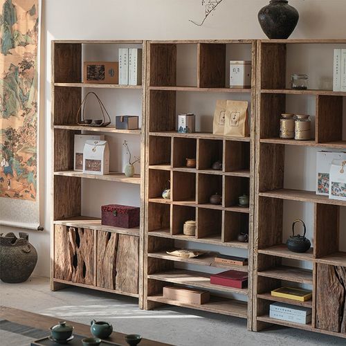 侘寂风博古架实木落地书架茶室茶C杯架茶叶展示柜办公室收纳置物