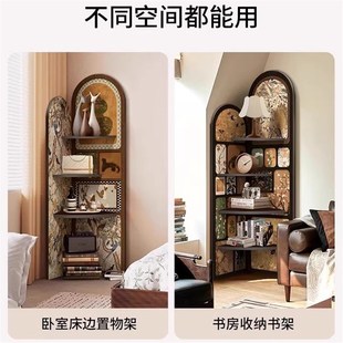 中古风落地摆件客厅电视柜旁w边墙面转角柜复古置物架多层三角柜