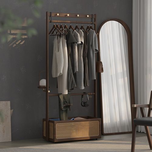 黑胡桃木可移动挂衣架脏衣篓一体实木藤编框衣T帽架卧室落地衣架