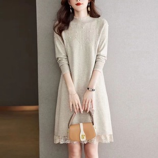 蕾丝针织连衣裙女秋冬装 配大衣打底内搭加绒加厚半高领毛衣 中长款