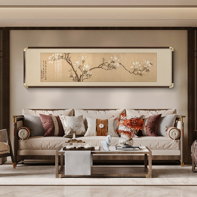 白玉兰图客厅背景墙装饰画九兰图新中式花鸟国画卧室床头实木挂画