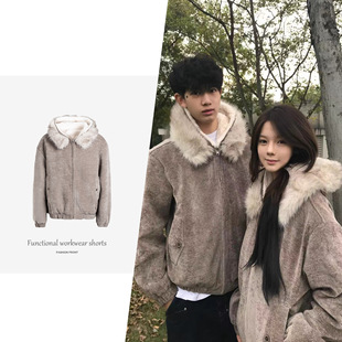 【JMWH】 「一件过冬」双面穿仿兔毛复古毛领连帽座山雕棉服外套