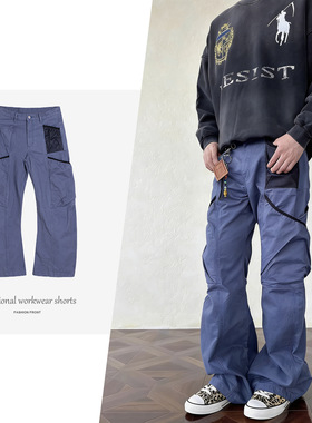 【JMWH】FTM美式复古vintage做旧交叉多口袋工装裤弯刀阔腿园丁裤