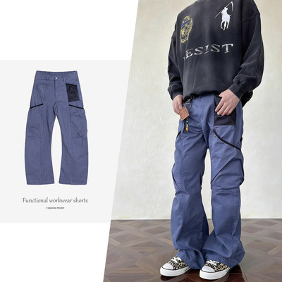 【JMWH】FTM美式复古vintage做旧交叉多口袋工装裤弯刀阔腿园丁裤