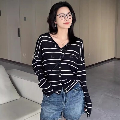 许怡【藏蓝开衫】极简休闲天丝麻轻薄宽松条纹百搭夏季针织开衫女