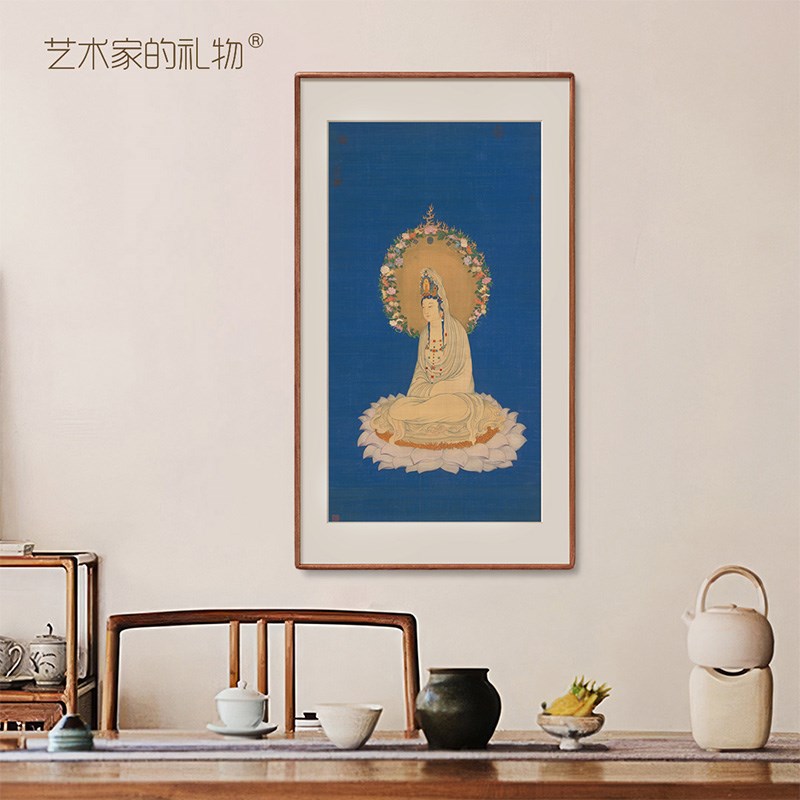 丁观鹏《莲座文殊/大士》框画 新中式茶室玄关画客厅背景墙装饰画