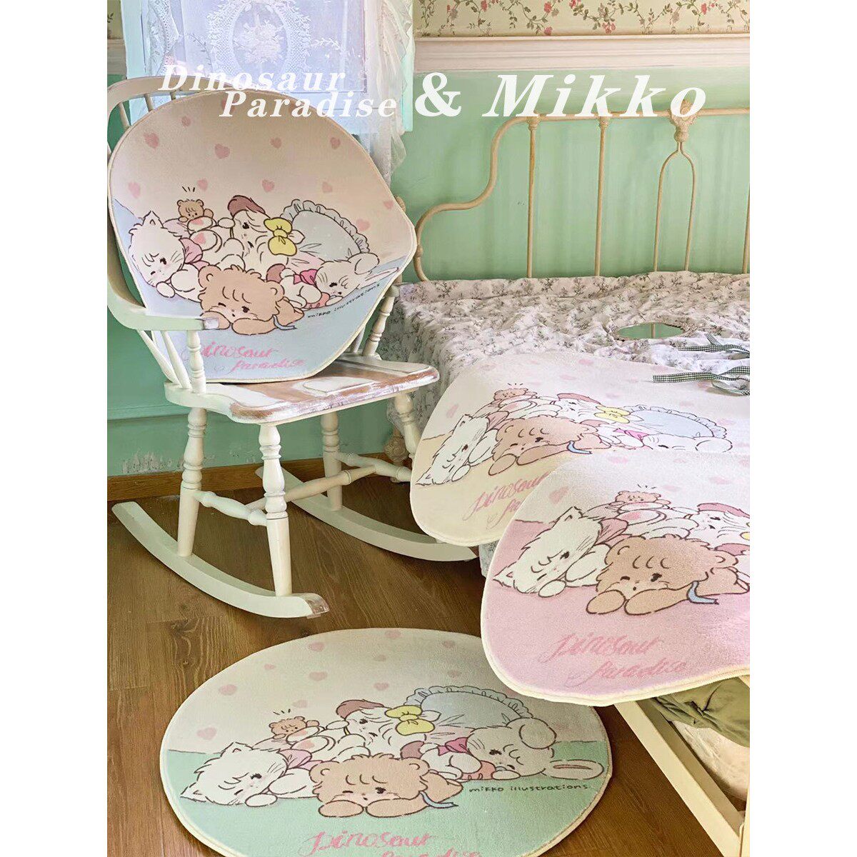 正版MIKKO联名地毯可爱卧室牀边毯儿童房少女心卡通毯小恐龙乐园