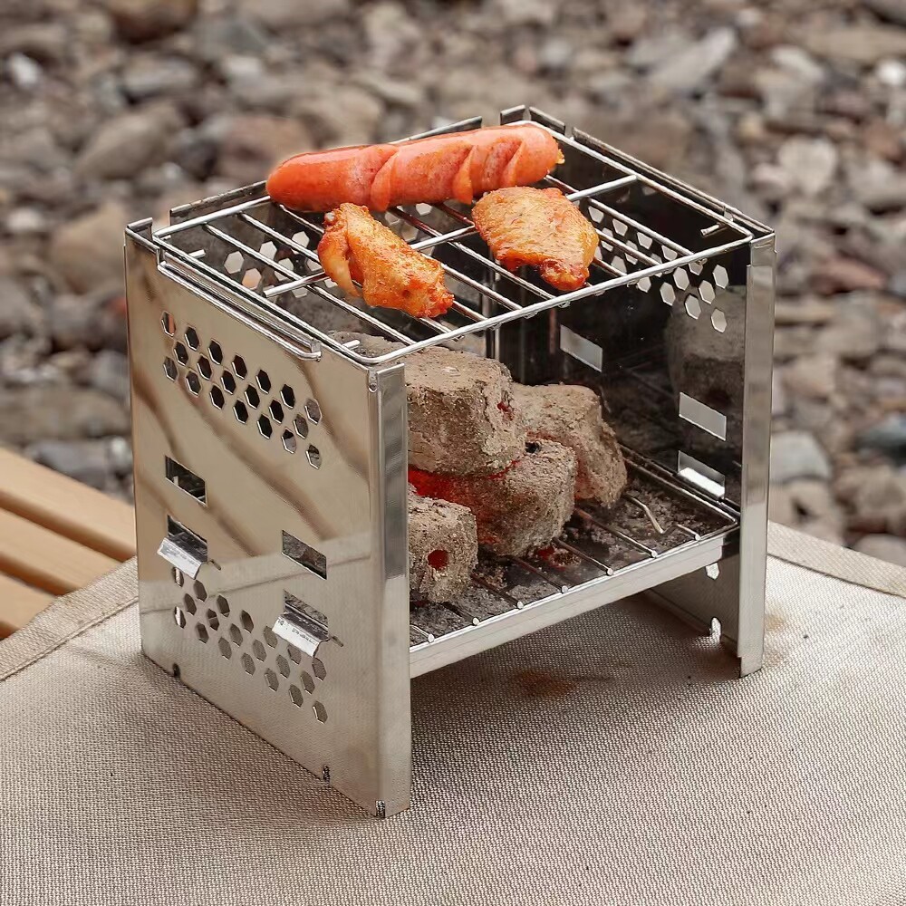 日式户外烧烤炉不锈钢双层柴火炉摺叠野营烧烤架焚火台木炭炉BBQ