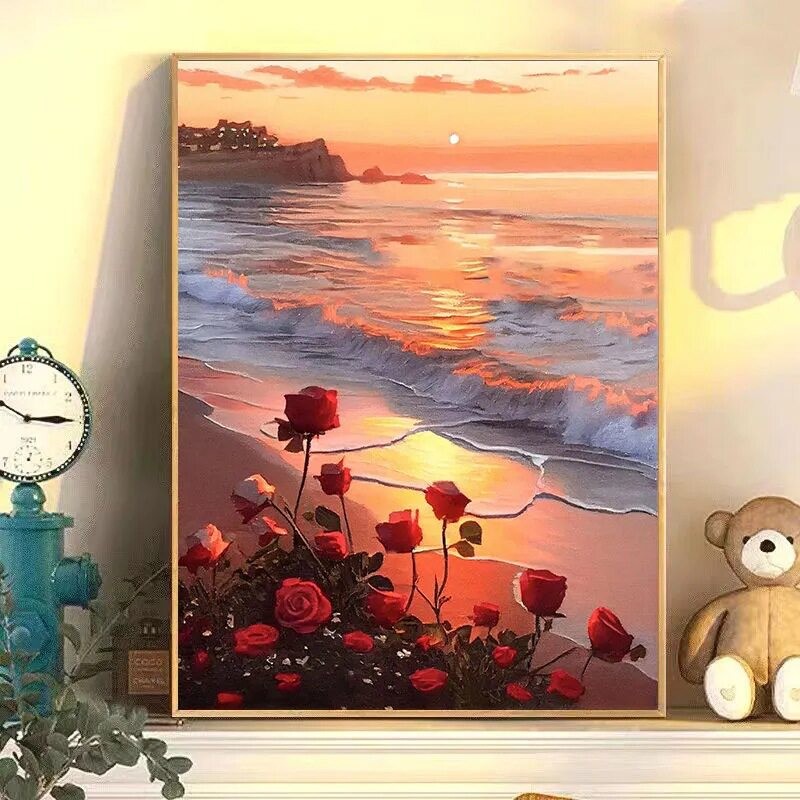 海边玫瑰钻石贴画2025新款5d落日ins风浪漫简约手工diy带框装饰画