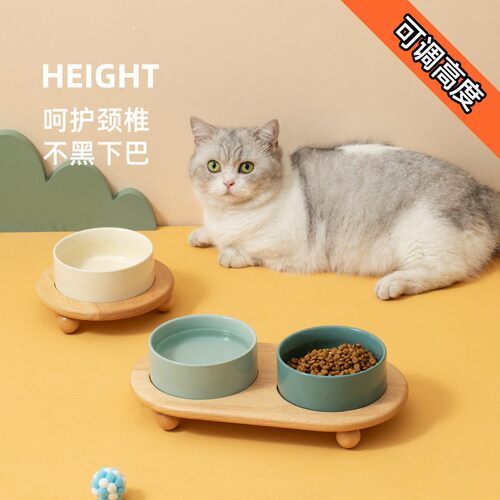 陶瓷猫碗狗狗食盆猫咪粮碗狗盆狗碗饮水碗双碗保护颈椎宠物碗木架