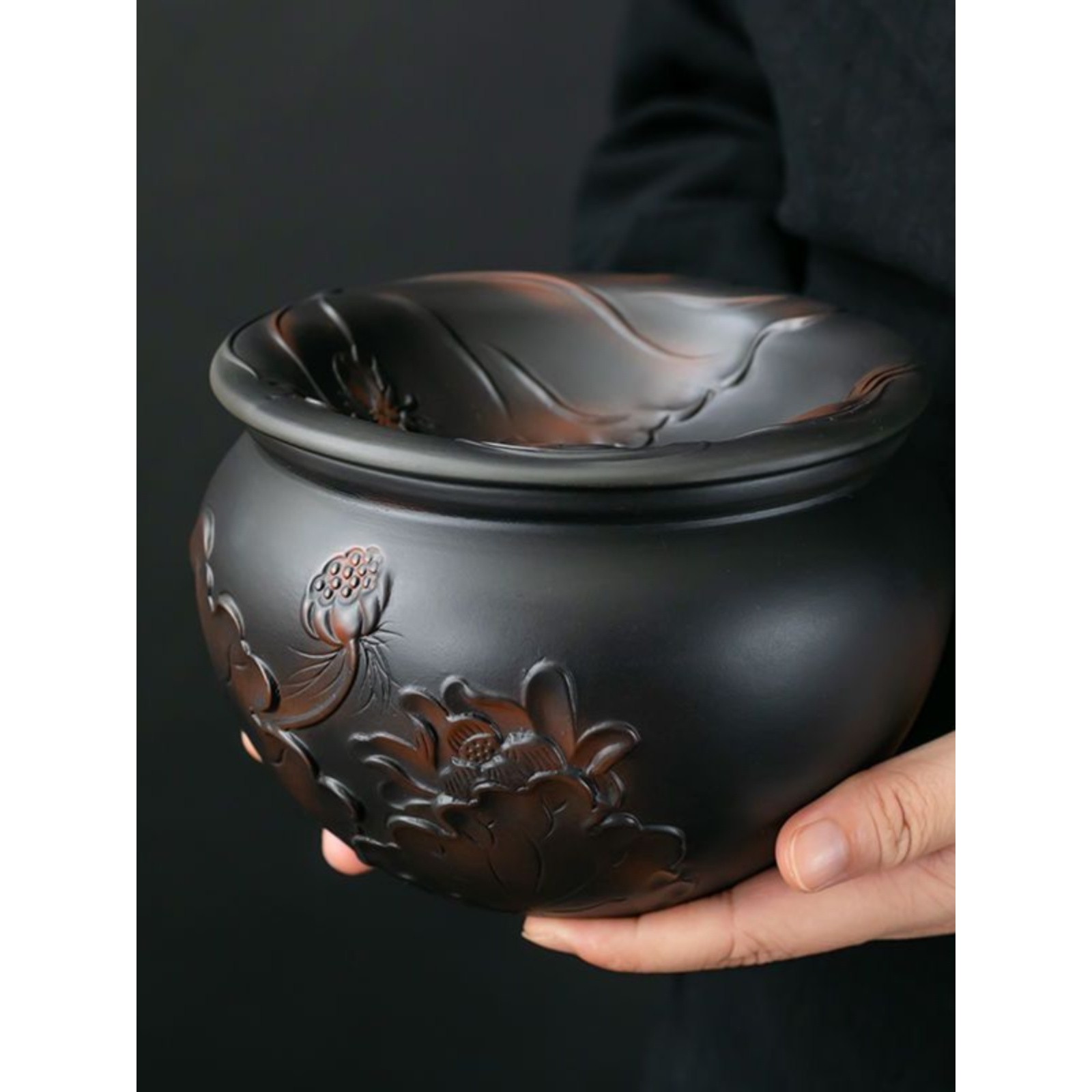 紫陶复古水盂茶洗建水茶渣分离废水缸家用大号粗陶过滤茶水茶渣缸