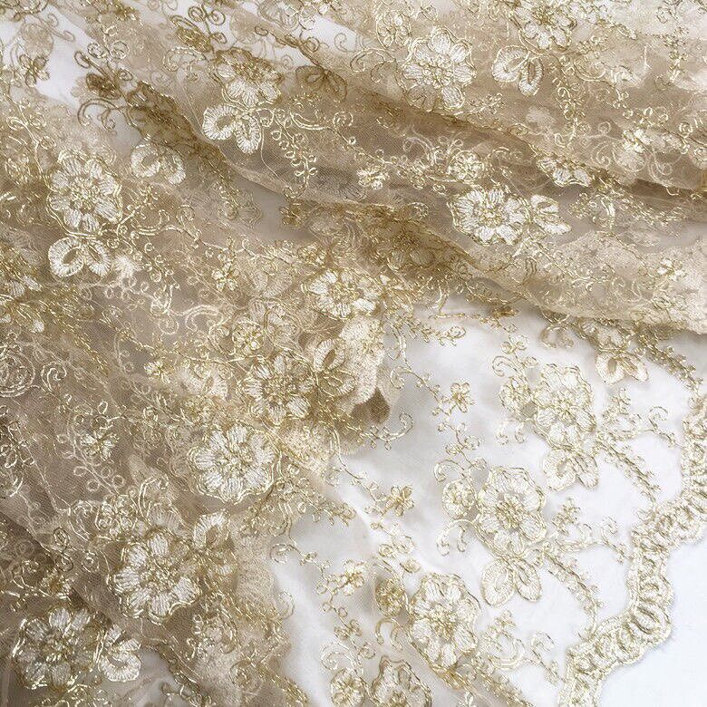 香槟金色玫瑰绣花股线蕾丝网纱面料 DIY婚纱礼服装旗袍设计师布料