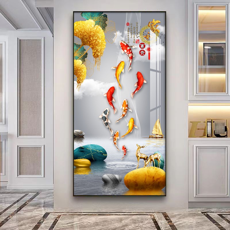 家和万事兴装饰画新中式玄关竖版挂画轻奢现代九鱼图走廊过道壁画