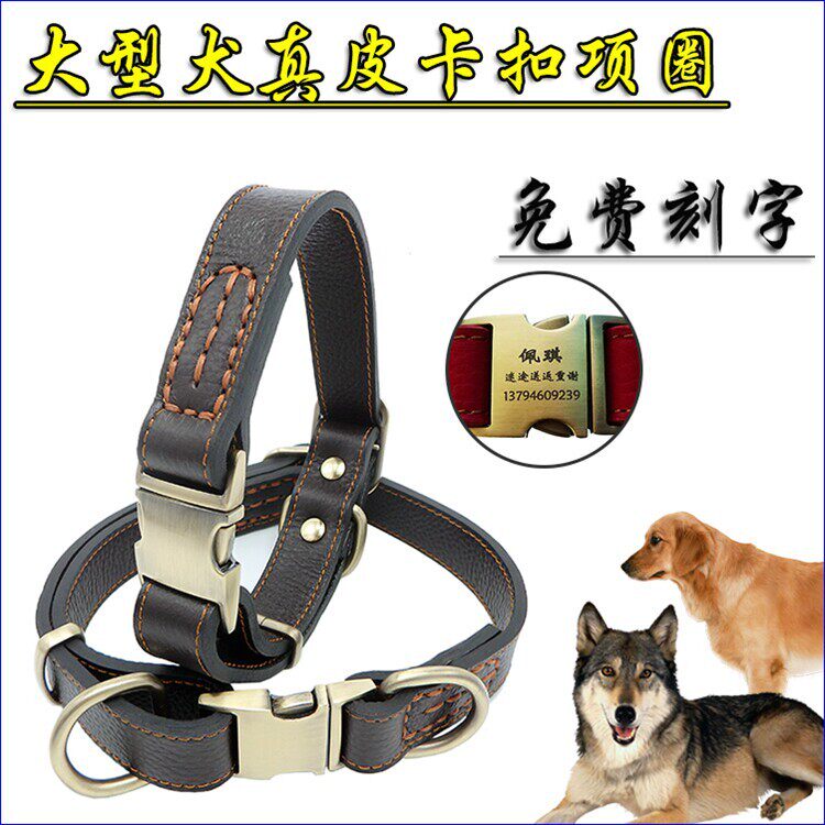狗项圈大型犬真皮卡扣式金毛拉布拉多项圈头层牛皮项圈可调节刻字