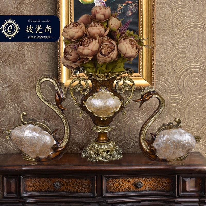 新中式古典奢华仿真花花瓶天鹅摆件三件套欧式美式客厅玄关装饰品