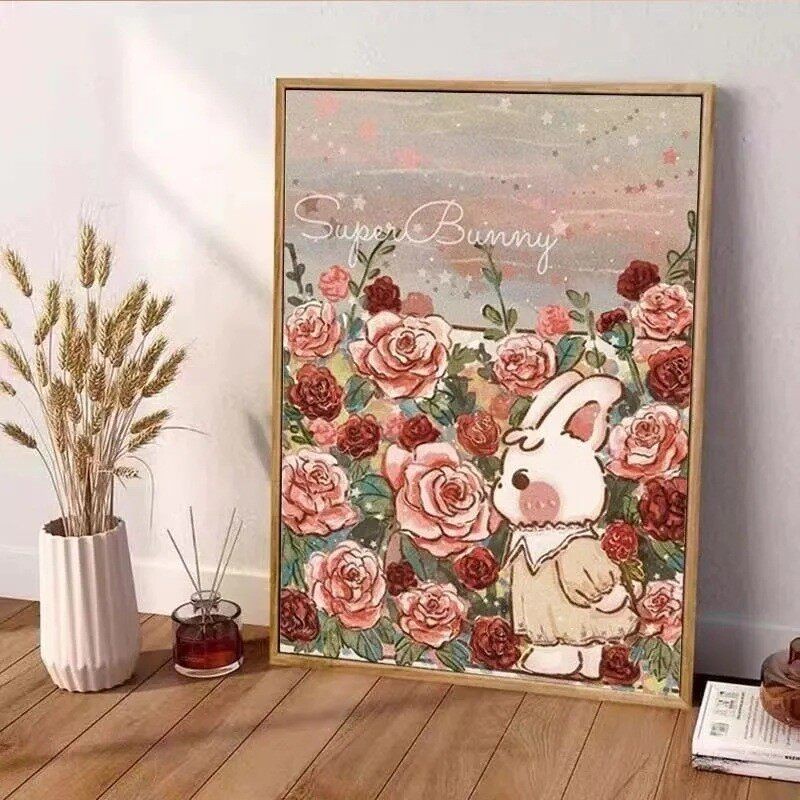 兔子玫瑰花2025新款5d钻石画儿童简约ins风手工diy黏钻画带框摆件