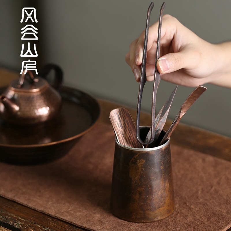 手工复古铜茶筒六君子茶夹茶针收纳筒文房笔筒功夫茶具零配件工具