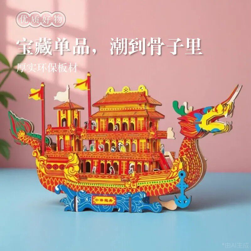 中华龙舟皇家龙船王木质立体模型拼装玩具手工木制拼图DIY材料