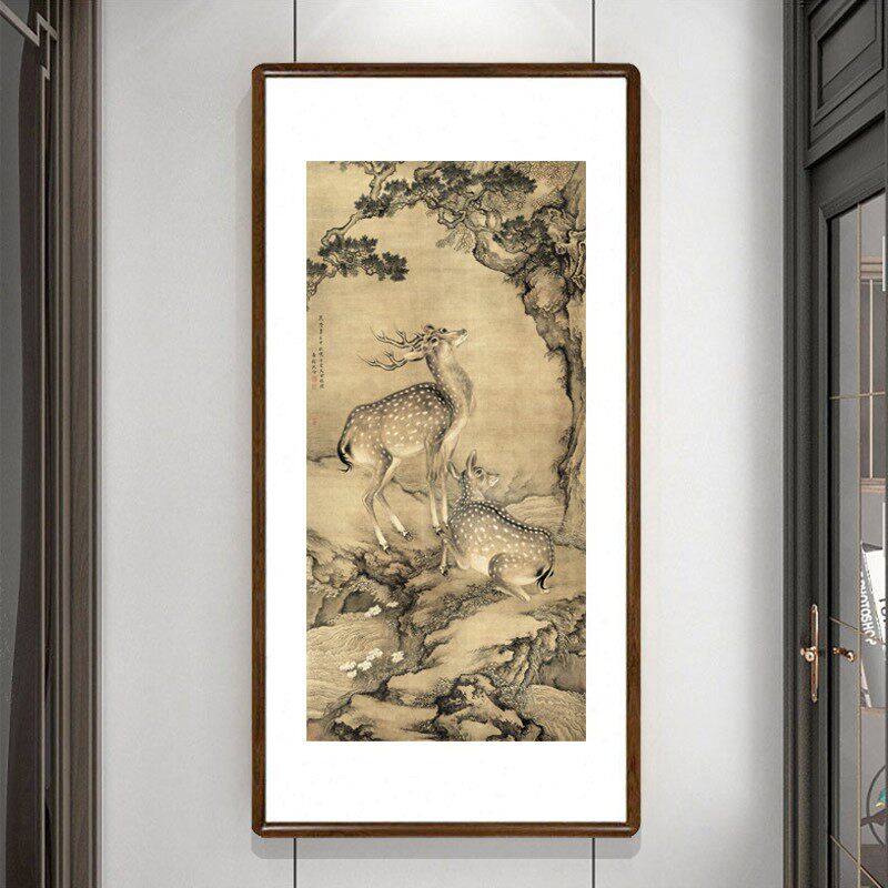 沈铨国画受天百禄图梅花鹿挂画新中式客厅侧面装饰画寓意好的壁画