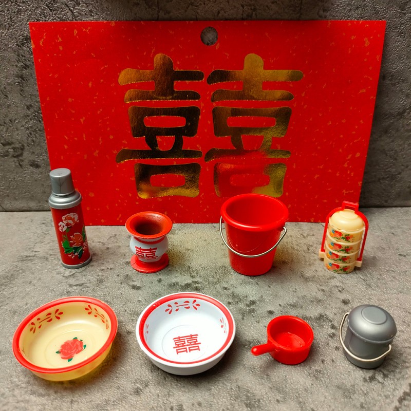 迷你儿童厨房怀旧复古八件套微缩茶瓶水桶饭提饭盒水漂洗脸盆喜盆