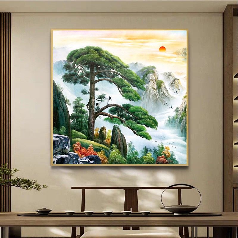办公室客厅玄关绿水青山迎客松装饰画壁画挂画财源滚滚山水风景画