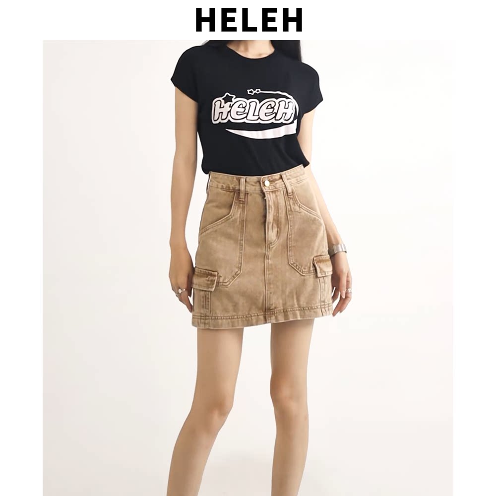 HELEH美式高街显瘦A字牛仔半身裙女多口袋个性内衬防走光工装短裙