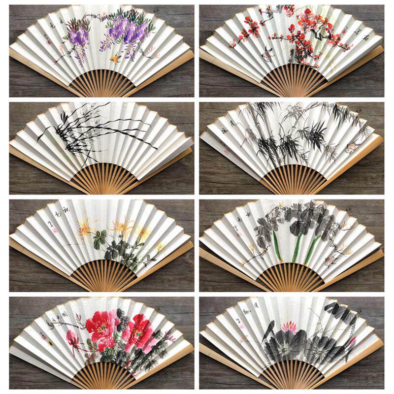 文玩折扇9寸水磨玉竹扇手绘扇面纯手绘折扇成扇苏工扇面宣纸折扇