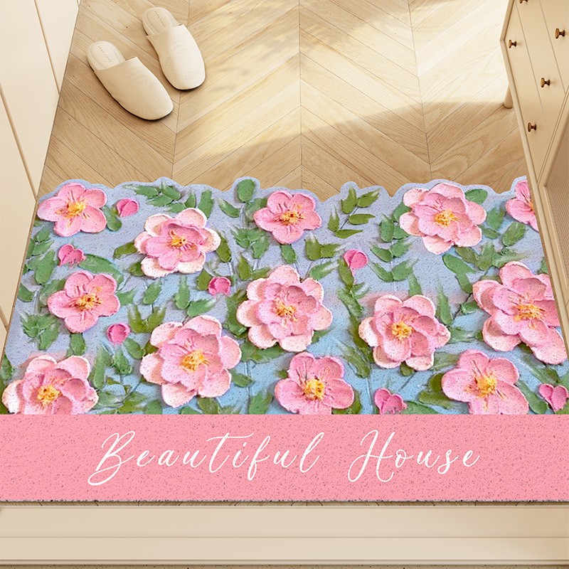 油画花卉入户门地垫进门丝圈门垫室外可裁剪家用脚垫大门口地毯