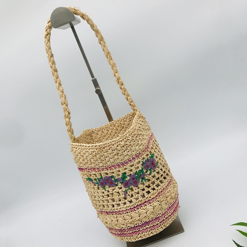 新款手工编织包钩针包水桶包草编包绣花女包可爱海边手提包手拎包