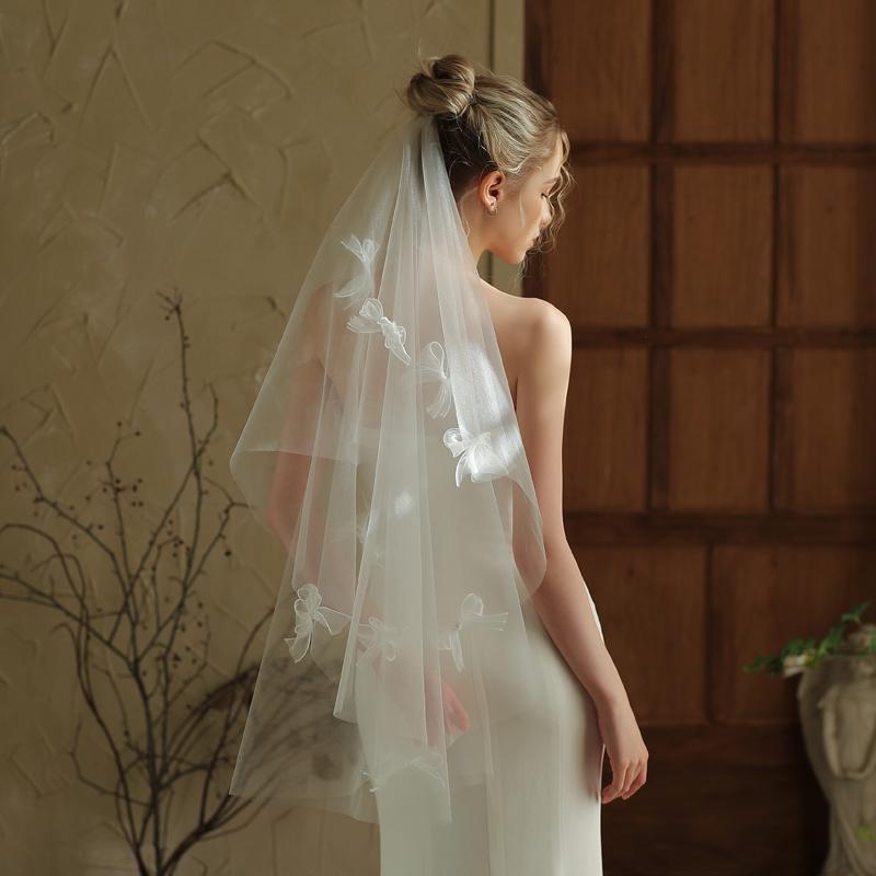 V384超仙丝带蝴蝶结新娘头纱 简约白色领证登记拍照道具结婚头饰