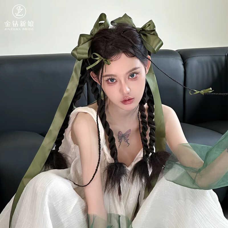 康康老师同款新娘暗绿色蝴蝶结发夹飘带小众马尾造型晨袍头饰品女