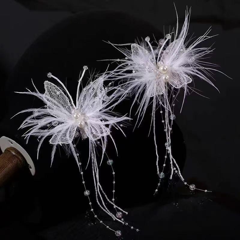 超仙蕾丝羽毛蝴蝶发夹刘海夹珍珠夹子拍照氛围感侧边夹新娘头饰女