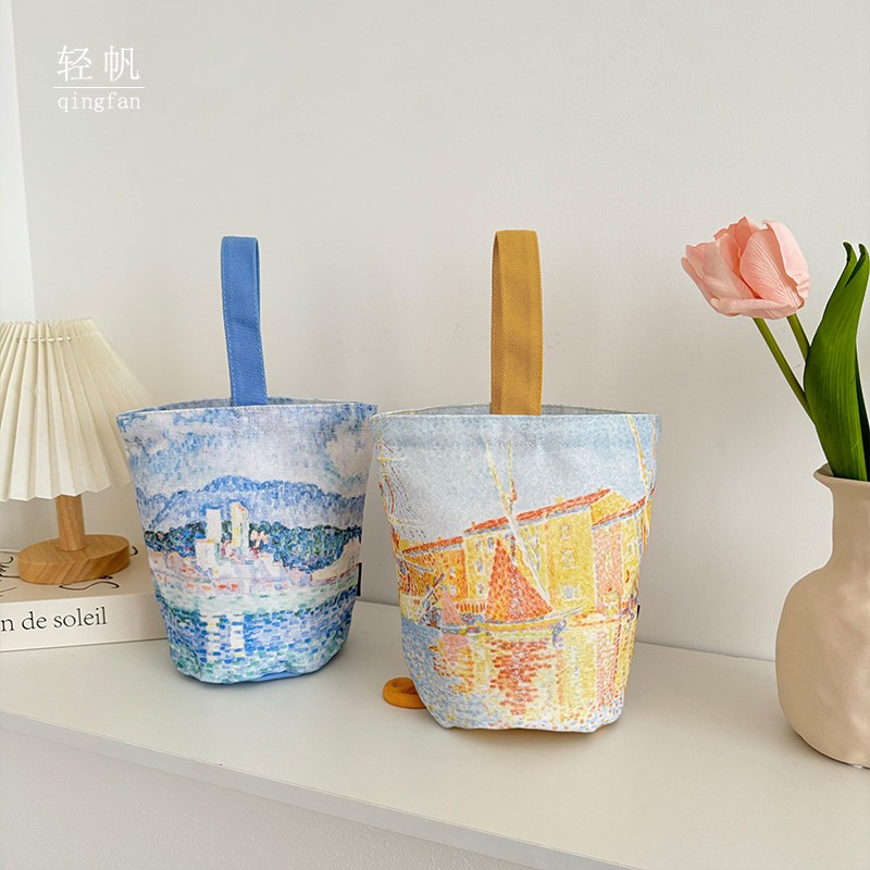 2024文艺复古印象派点彩油画印花小水桶手拎小号杂物帆布袋女包