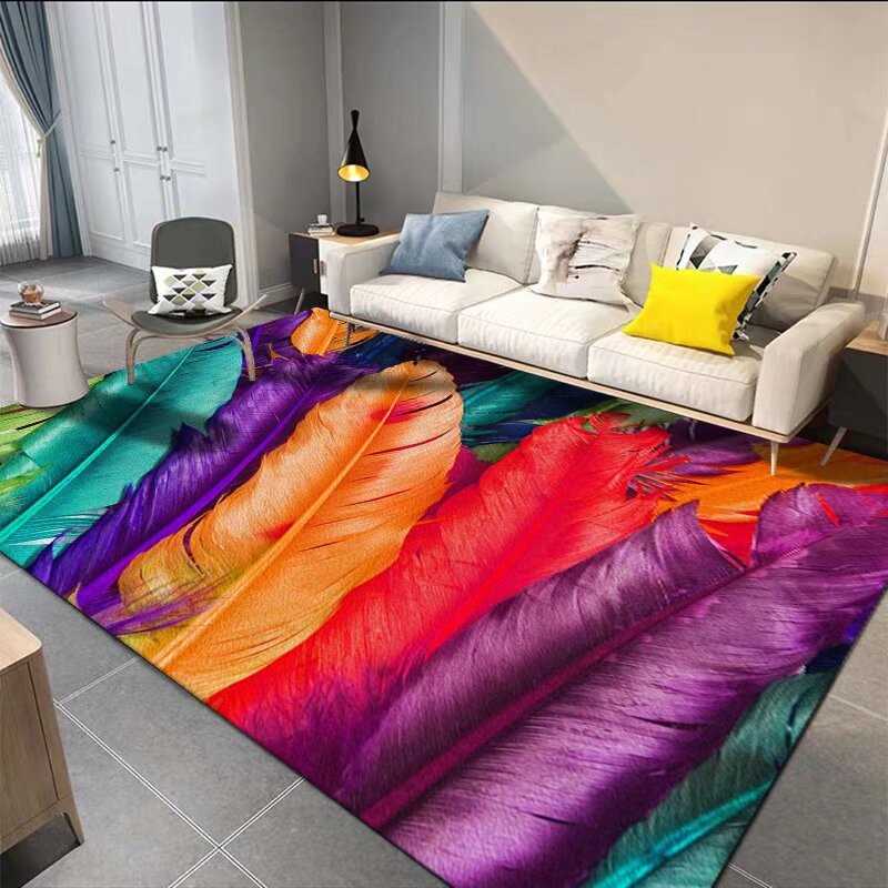 新西兰卧室代发3D地毯跨境衣帽间家用垫客厅抽象床边印花羽毛地毯