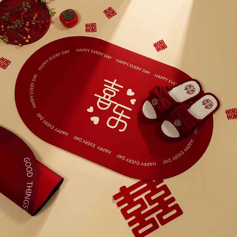 Qoo10入户门浴室地毯喜字吸水结婚卧室脚垫地垫装饰硅藻泥防滑红