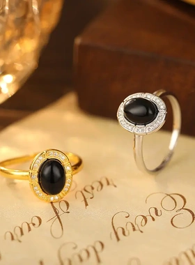 s925银欧美复古黑玛瑙戒指高级感椭圆食指戒轻奢设计指环女