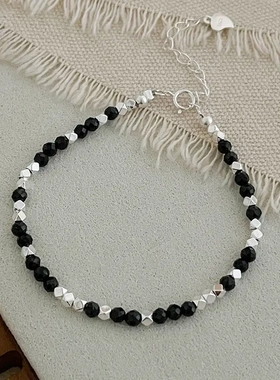 s925银甜酷黑尖晶碎银子手链女简约时髦小众手饰新品韩