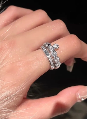 小众轻奢高级感土星排钻戒指女叠戴设计银色百搭食指戒开口可调节