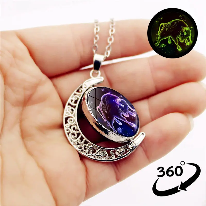 夜光12星座时光宝石旋转月亮吊坠项链欧美复古毛衣链女饰品