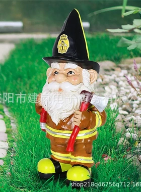 独立站消防员弗雷德侏儒花园小矮人雕像树脂工艺品摆件圣诞节装饰