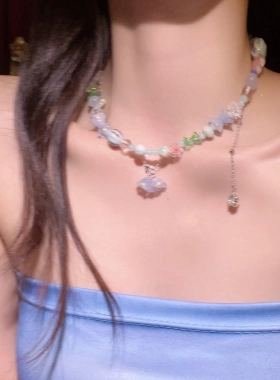 夏日多巴胺蓝色花朵串珠项链女仙气甜美小众设计感锁骨链颈链