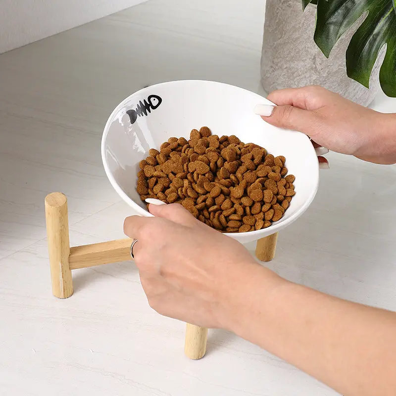 木架陶瓷猫碗斜口高脚狗碗保护颈椎不黑下巴宠物碗食盆喝水碗单碗