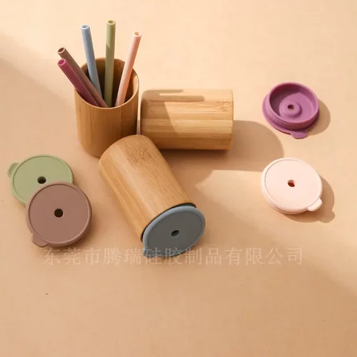 新款带盖硅胶吸管竹木杯 儿童训练喝水水杯宝宝硅胶学饮杯