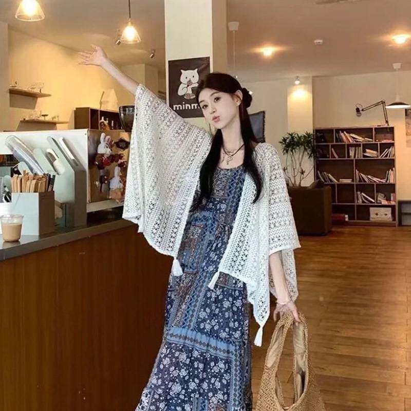夏季新款流苏民族披肩外搭旗袍裙子罩衫针织镂空蕾丝开衫纯色披风
