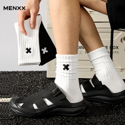 MENXX袜子男长筒袜白色秋冬7A抗菌长筒袜黑色刺绣纯新疆棉中筒袜