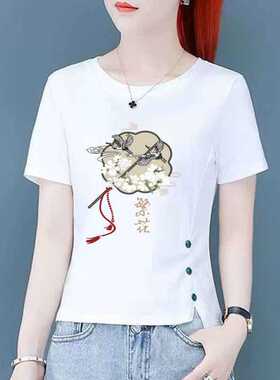 清仓捡漏外贸新中式古风妈妈装中年短袖t恤女时尚穿搭洋气体恤衫
