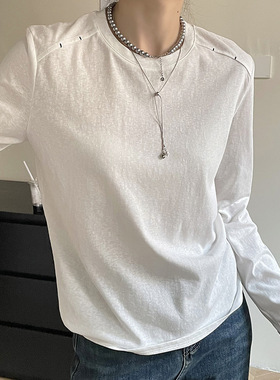 莉之绮简约时尚圆领T恤2024秋装新款宽松显瘦长袖打底上衣240543