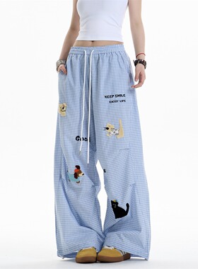 美式趣味小狗毛巾绣抽绳工装裤女格纹弯刀百搭休闲裤褶皱阔腿裤潮