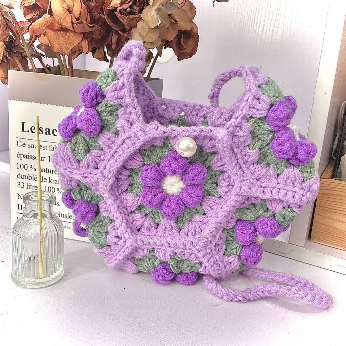 成品手工编织泡芙花朵单肩女包毛线钩针礼物口红手机斜挎可爱小包