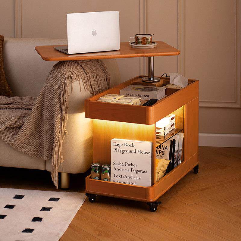 实木推车边几沙发可移动升降带轮客厅极窄木质小茶台柜带插座床头